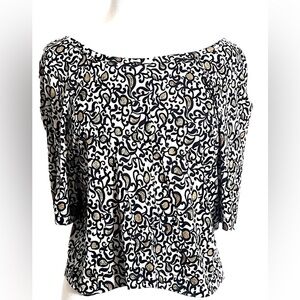 Marc Jacobs Black Tan Paisley Boho Lyocell Short Slv Keyhole Back Blouse Top S